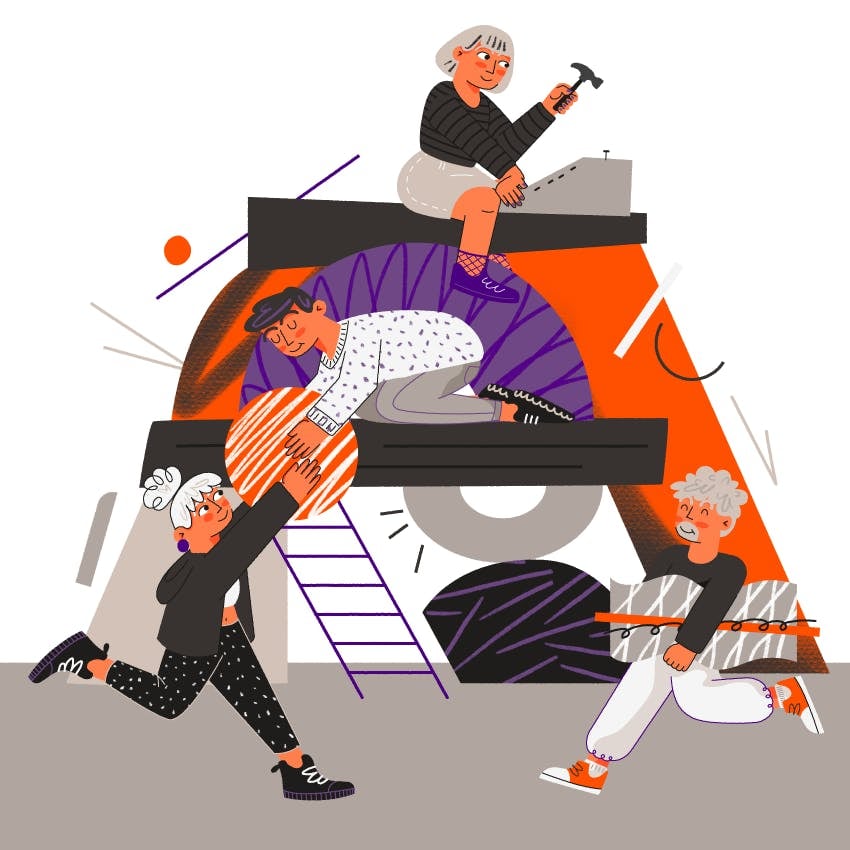 es una ilustracion que muestra a 4 personas colaborando para construir algo juntos. 