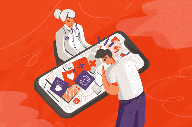 It is an illustration showing a Phone scaled big, that seems like a table, where a Female Doctor is checking a patient. 
