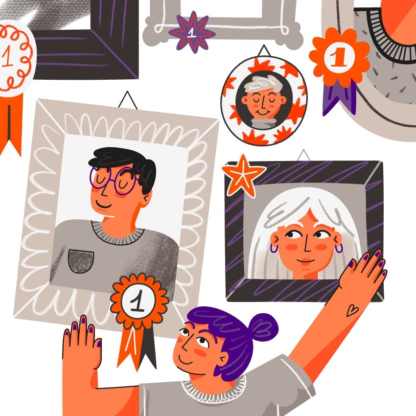 Es una ilustracion. se ve a una chica poniendo unos cuadritos en la pared que tienen dentro retratos de personas. 