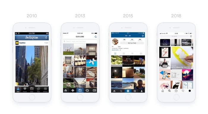 Comparacion de distintas pantallas de la app de Instagram a traves de los años