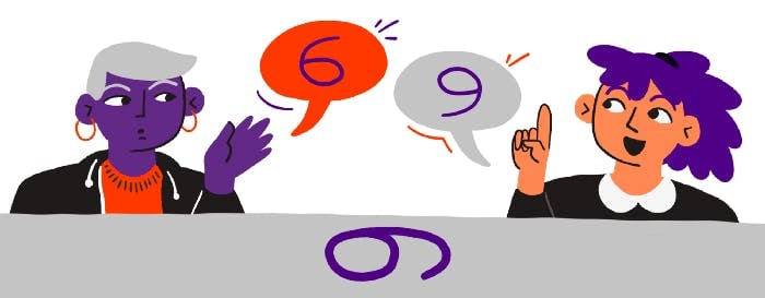 Ilustracion: Dos personas conversando sobre el numero que ven, una ve el numero 9 y otra el numero 6. 