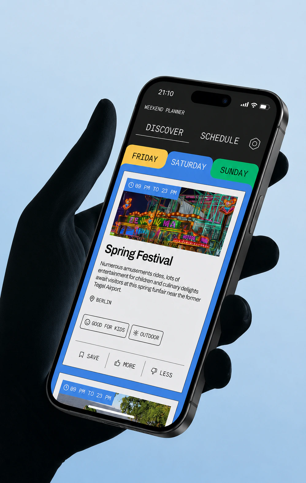 Weekend Planner running on a phone in hand